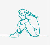 Line drawing of a sad woman with her head rested on her knees