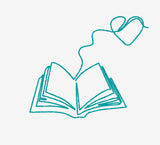 A heart flying out of a book line drawing