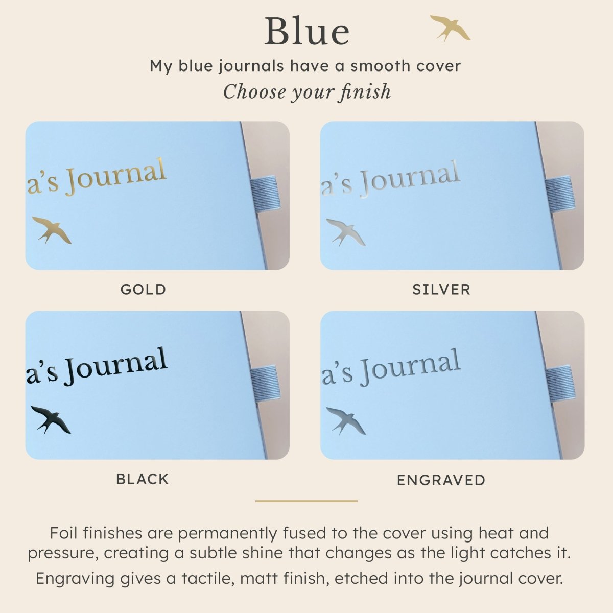 Close-up of a personalised light blue A5 keepsake journal showing gold, silver and black foil plus engraved personalisation finish options.