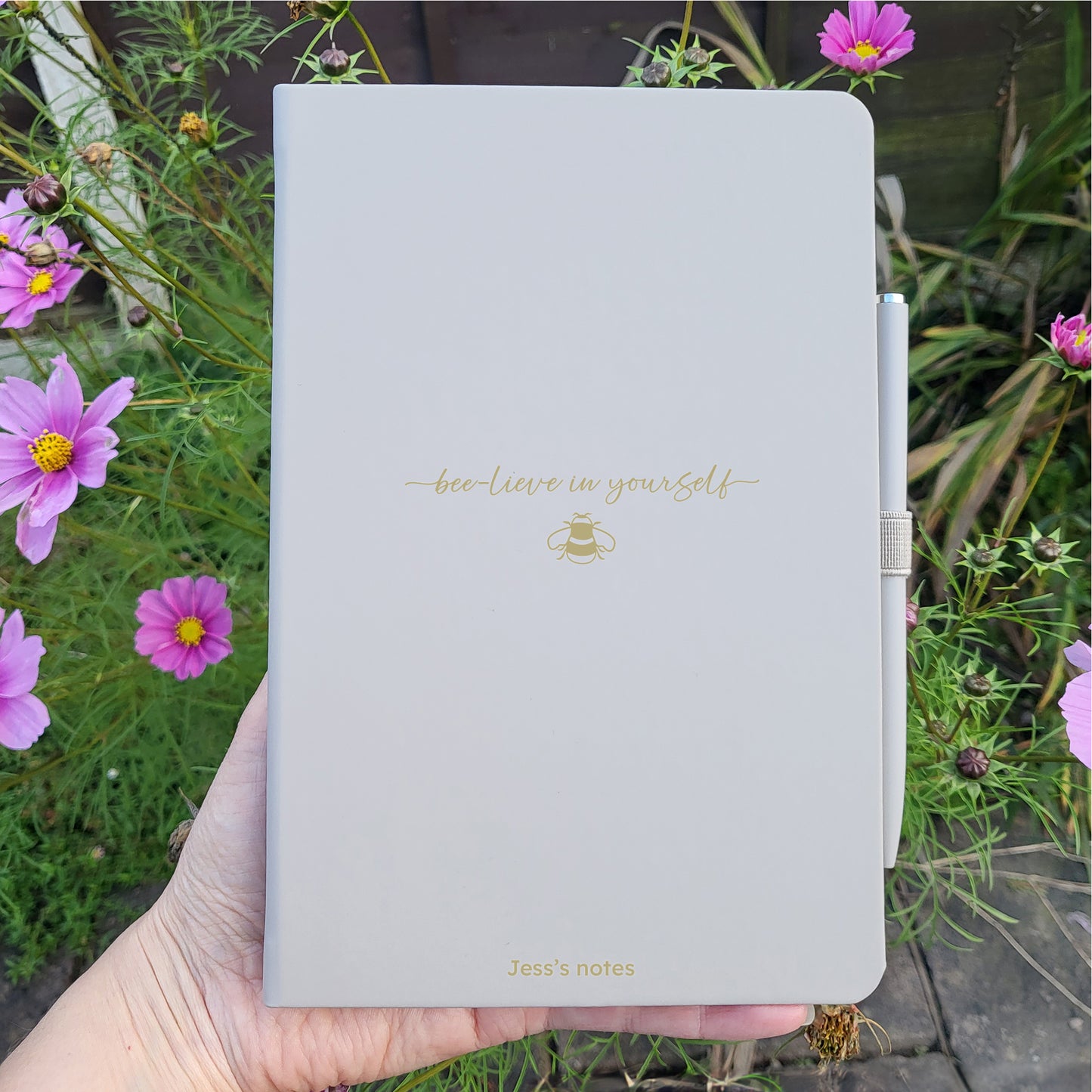 Beige personalised bee design notebook with matching pen