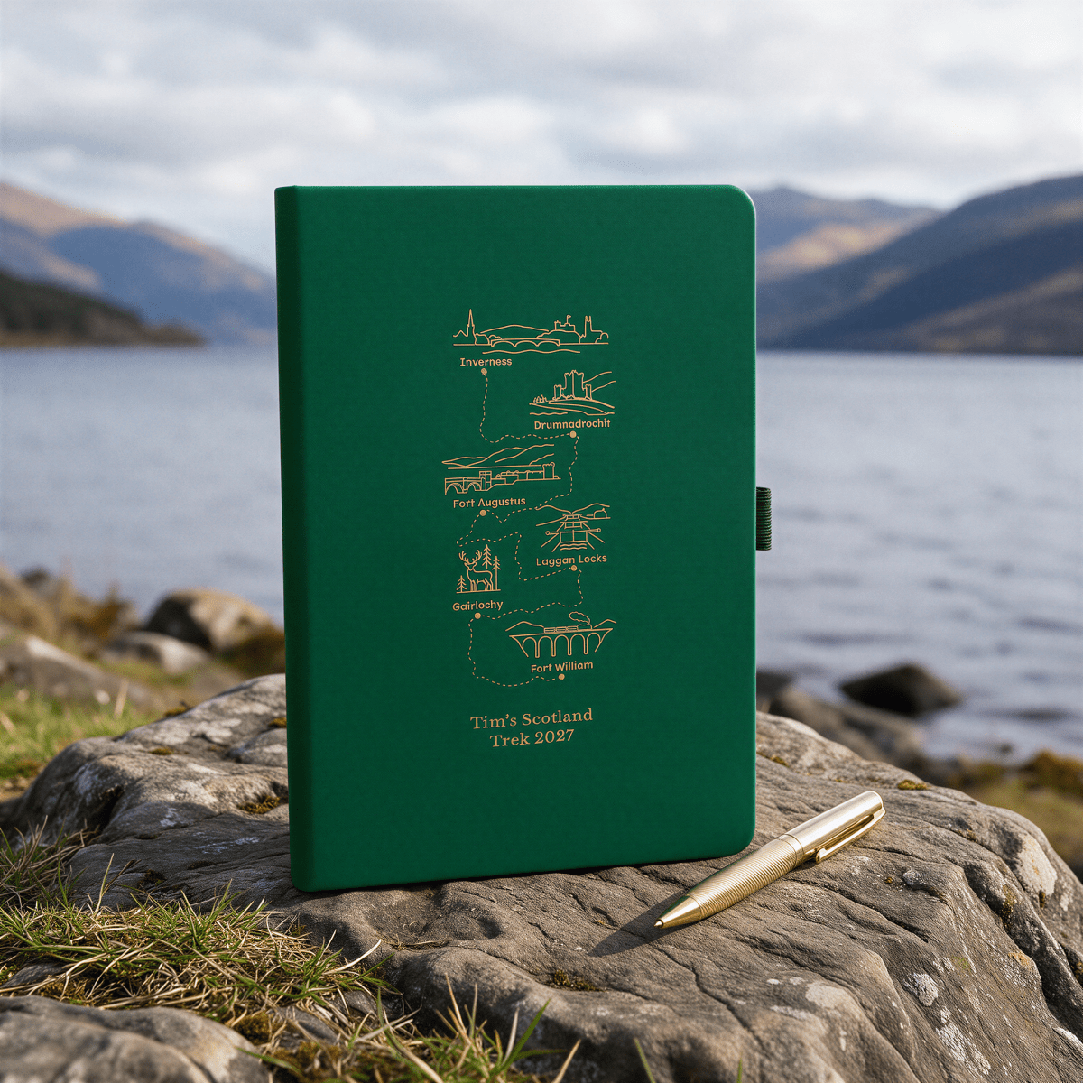 A dark green hardcover notebook with gold foil illustrations and text reading 'Tim's Scotland Trip 2022' stands on a large rock outdoors, with a gold pen beside it and a lake and mountain landscape in the background.