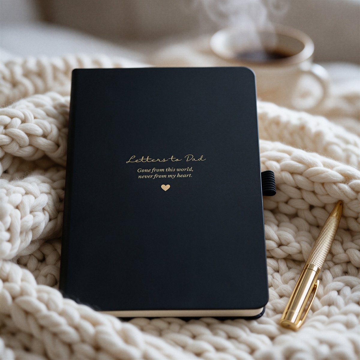 Personalised black “Letters to Dad” grief journal with gold remembrance wording, styled on a soft chunky knit blanket with a gold pen and warm drink nearby.