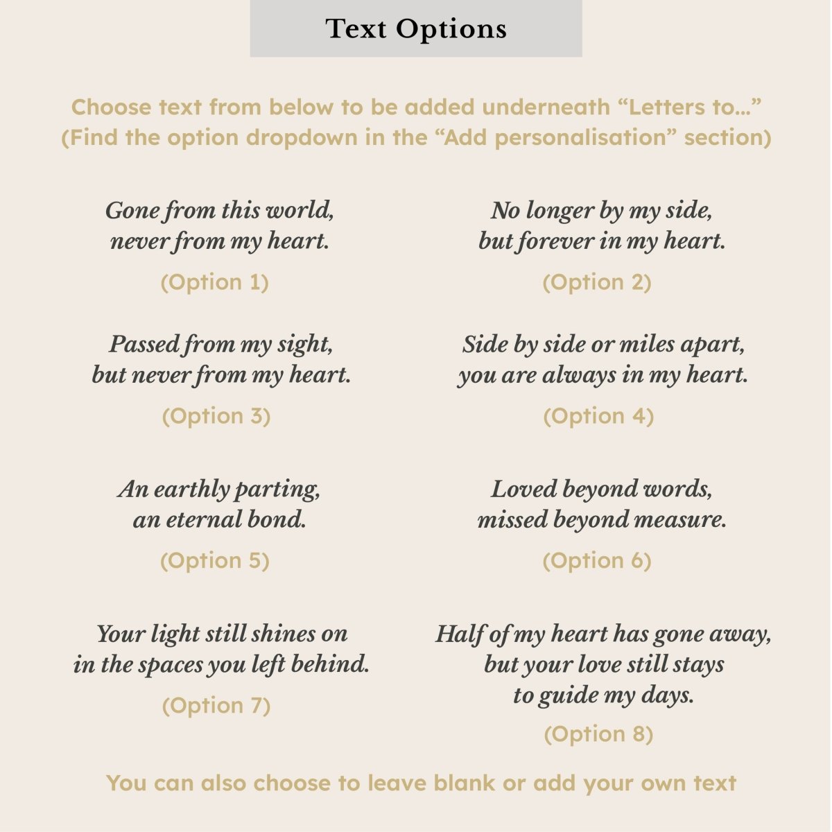Eight remembrance wording options for a personalised “Letters to” grief journal, including messages about love, loss, memory and staying connected after bereavement.