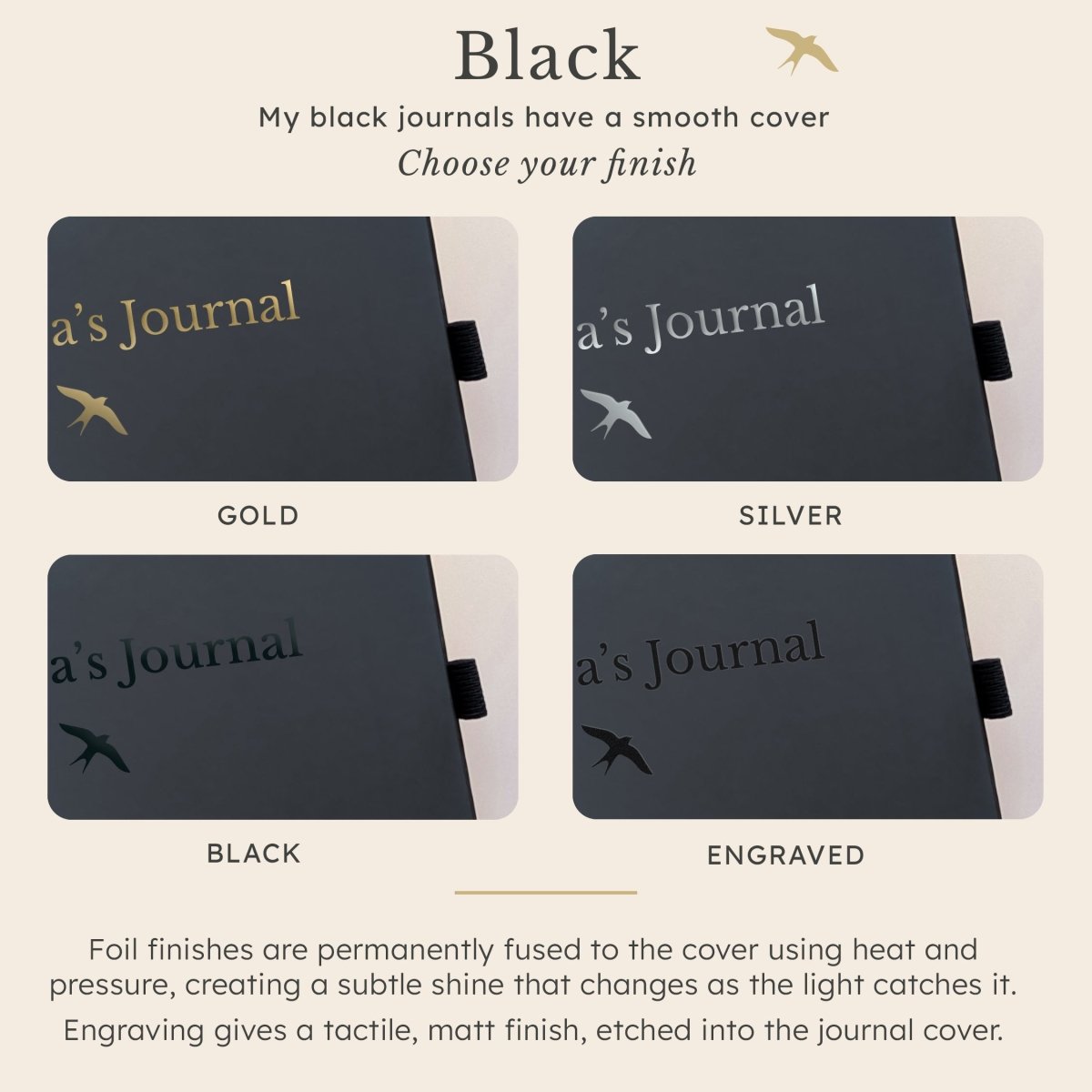 Close-up of a personalised black A5 keepsake journal showing gold, silver and black foil plus engraved personalisation finish options.
