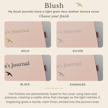 Close-up of a personalised blush A5 keepsake journal showing gold, silver and black foil plus engraved finish options on the light grain faux leather cover.