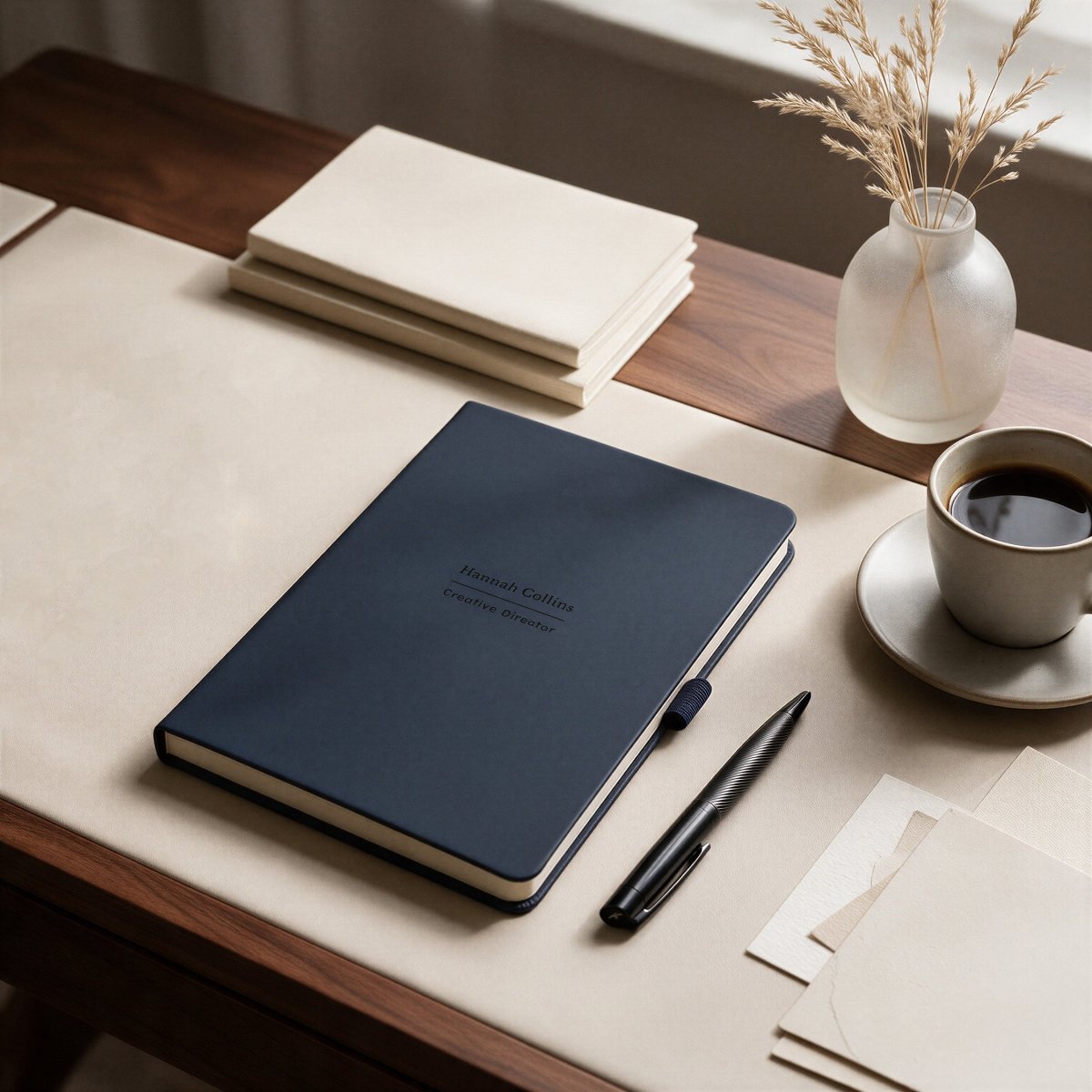 Personalised navy work notebook and pen with name and Creative Director job title, styled on a desk with coffee and stationery, ideal as a new job or promotion gift.
