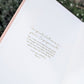 Open personalised engagement journal showing a gold inside-cover congratulations message, demonstrating the optional personal message that can be added for the newly engaged couple.