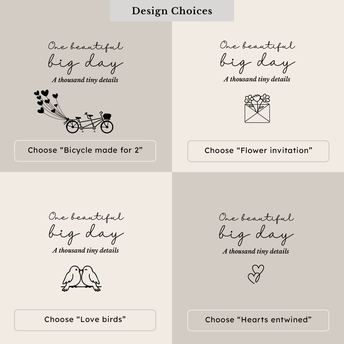 Four personalised engagement journal cover choices showing Bicycle Made for 2, Flower Invitation, Love Birds and Hearts Entwined designs.