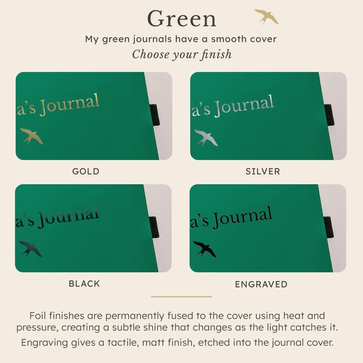 Close-up of a personalised green A5 keepsake journal showing gold, silver and black foil plus engraved personalisation finishes on the smooth cover.