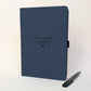 Personalised Navy blue grief journal for a friend, with “Letters to Billau” engraved to the front, heartfelt remembrance wording and a black metal pen.