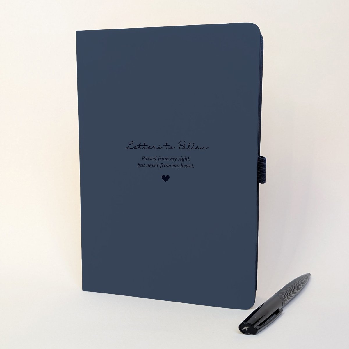 Personalised Navy blue grief journal for a friend, with “Letters to Billau” engraved to the front, heartfelt remembrance wording and a black metal pen.