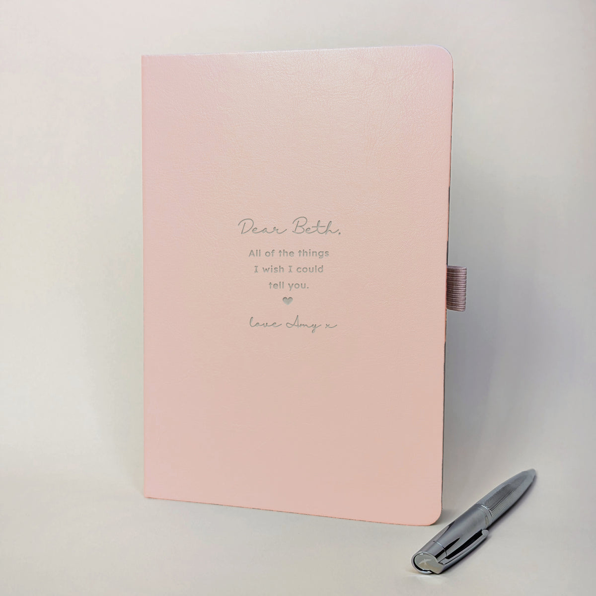 Personalised blush pink memorial keepsake journal with silver pen, featuring Dear Beth and All of the things I wish I could tell you.