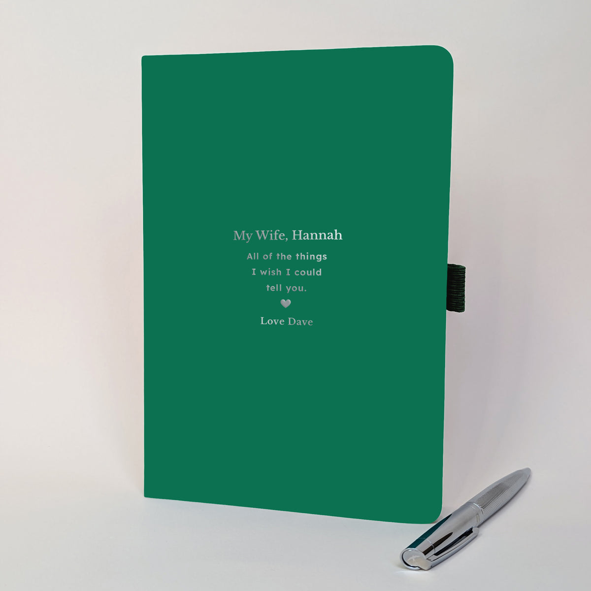 Personalised green remembrance journal with silver pen, customised with My Wife Hannah and All of the things I wish I could tell you.