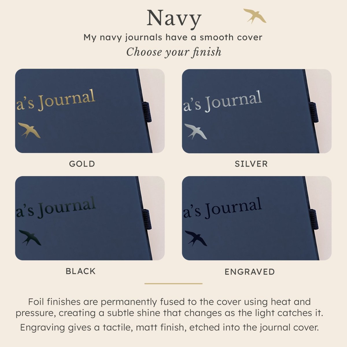Close-up of a personalised navy A5 keepsake journal showing gold, silver and black foil plus engraved personalisation finish options.