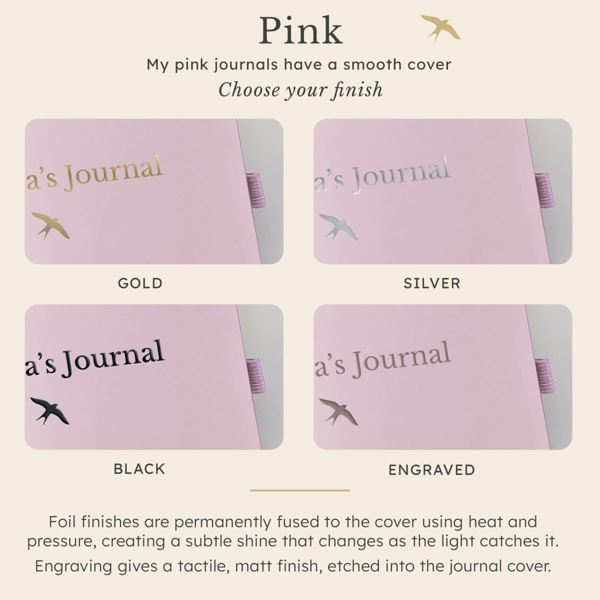 Close-up of a personalised pink A5 keepsake journal showing gold, silver and black foil plus engraved personalisation finishes on the smooth cover.