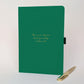 Personalised green retirement journal with gold pen and handwritten-style cover reading “The one where dad finally retired”, a fun retirement gift and keepsake notebook.
