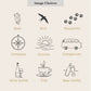 Retirement journal illustration choices including bear, bird, paw prints, compass, sunrise, campervan, wine bottle, cup and beer bottle for creating a personalised retirement gift.