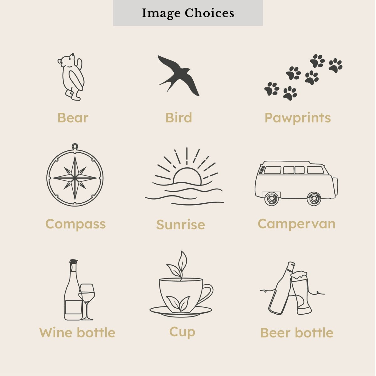 Retirement journal illustration choices including bear, bird, paw prints, compass, sunrise, campervan, wine bottle, cup and beer bottle for creating a personalised retirement gift.