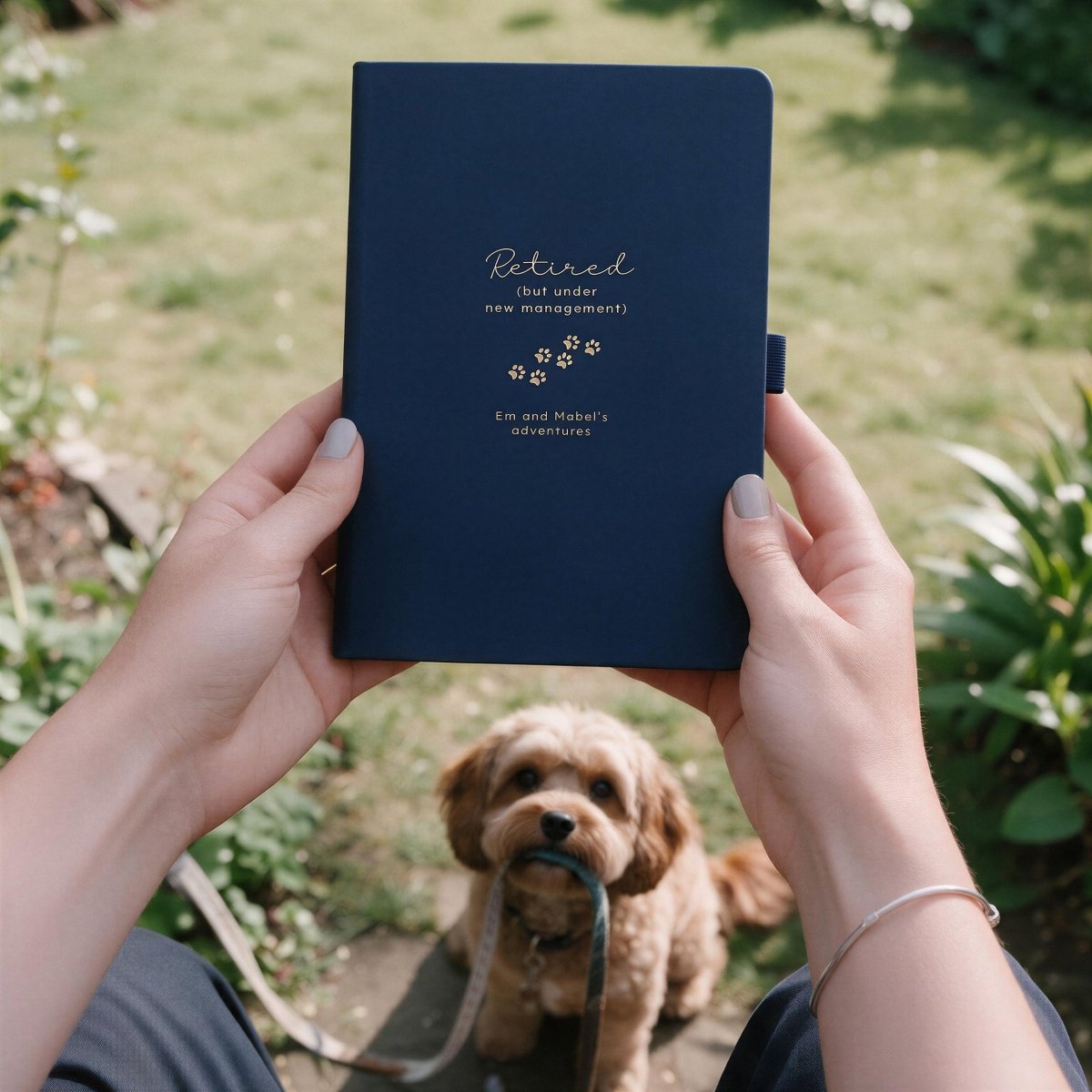 Personalised navy retirement journal with gold paw prints and “Retired but under new management” wording, held outdoors with a dog in the background.