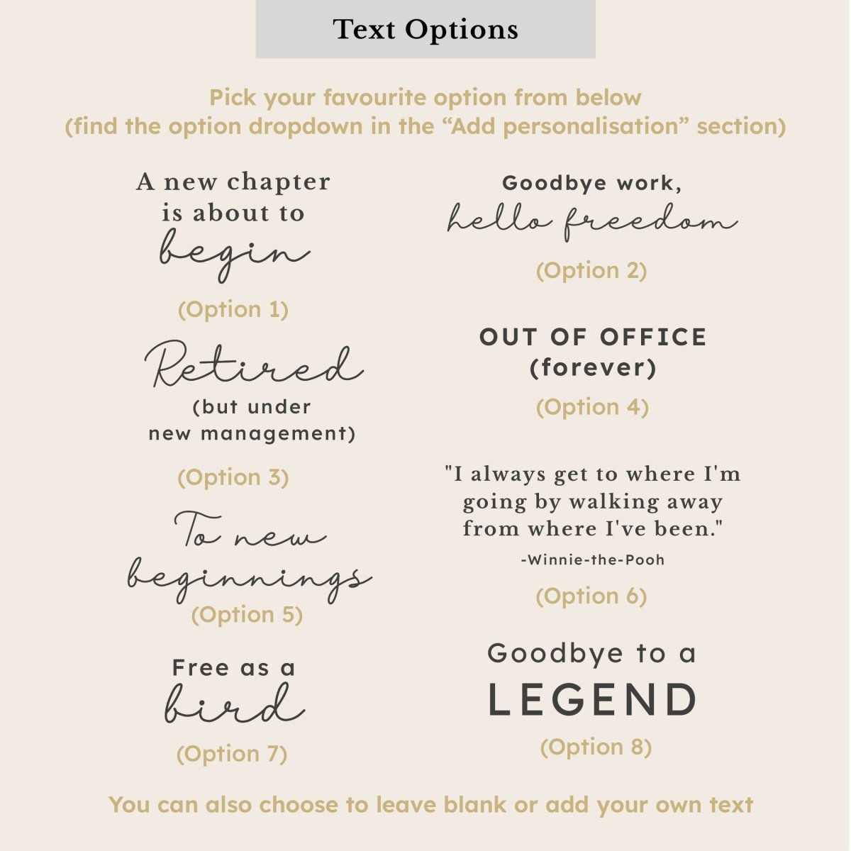 Eight wording options for a personalised retirement journal, including new chapter, hello freedom, retired, out of office, new beginnings, free as a bird and goodbye to a legend designs.