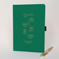 Green personalised hiking journal with gold foiled Great Glen Way route, six destinations, Highland landmarks and matching gold pen.