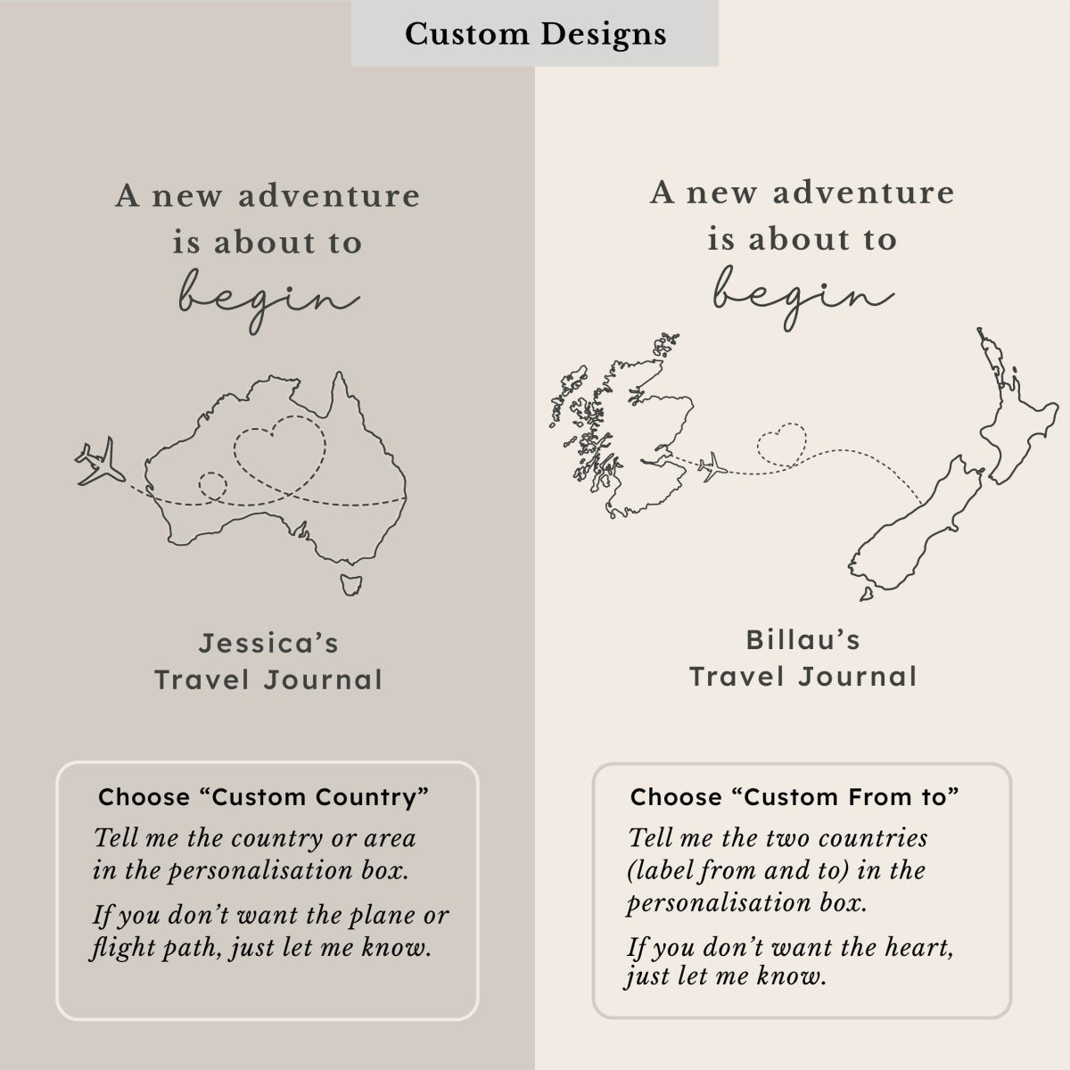 Custom personalised travel journal design options showing a country outline with aeroplane and flight path, plus a from-to travel design between two destinations. Customers can choose their own country, area or journey.