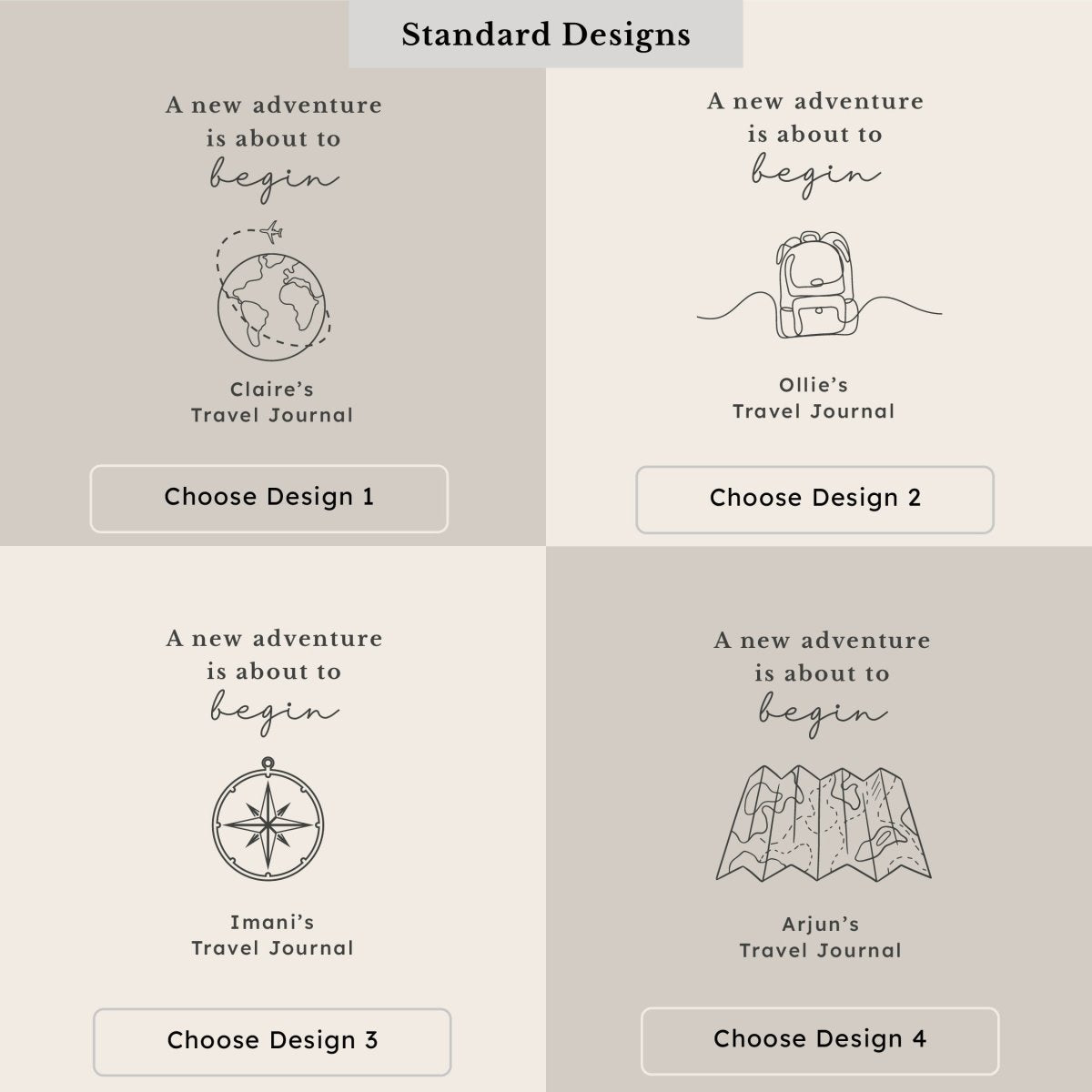 Four standard personalised travel journal designs showing a globe and aeroplane, backpack, compass and folded map, each with custom name wording and the phrase ‘A new adventure is about to begin.